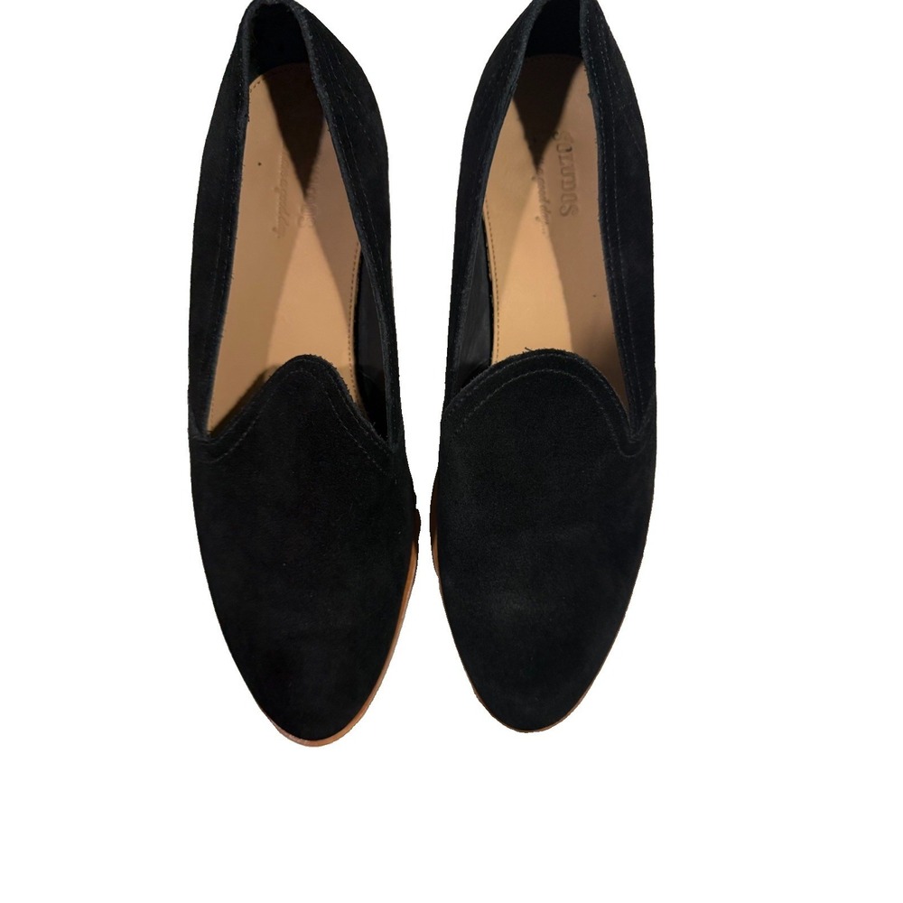 Soludos Womens Black Suede Leather Loafers Low Wooden Heel Shoes 7.5